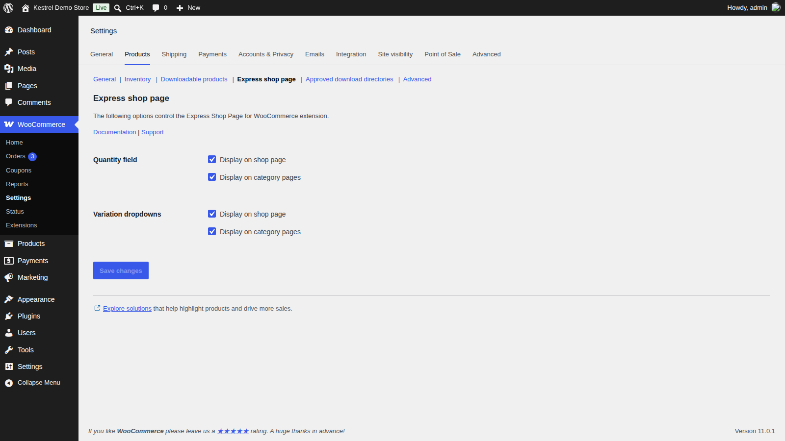 Express Shop Page: Save the settings (the Express shop page section header, both setting rows and Save changes)