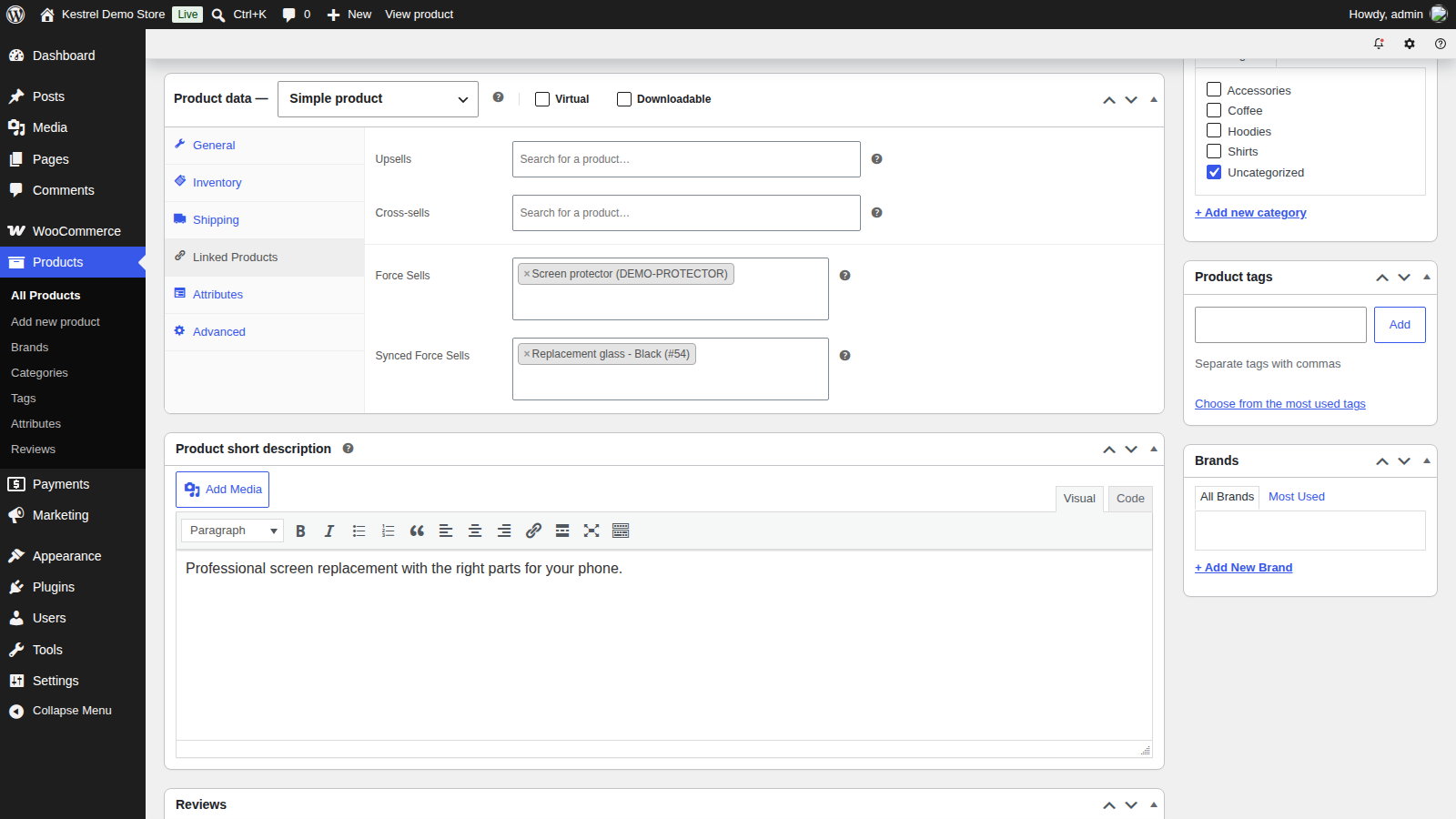 Force Sells: Open the main product (product data panel with the Linked Products tab open, showing Upsells, Cross-sells, Force Sells and Synced Force Sells)