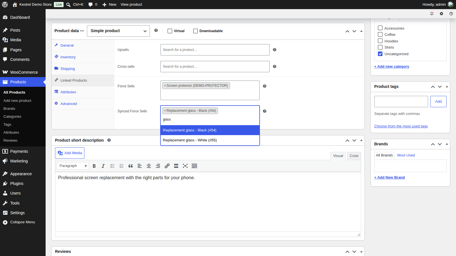 Force Sells: Choose the linked products (the field and its open dropdown)