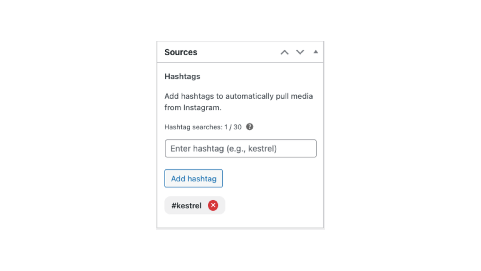 Instagram Sync: Create a feed and add hashtags (the Sources box, including Hashtag searches: N / 30)