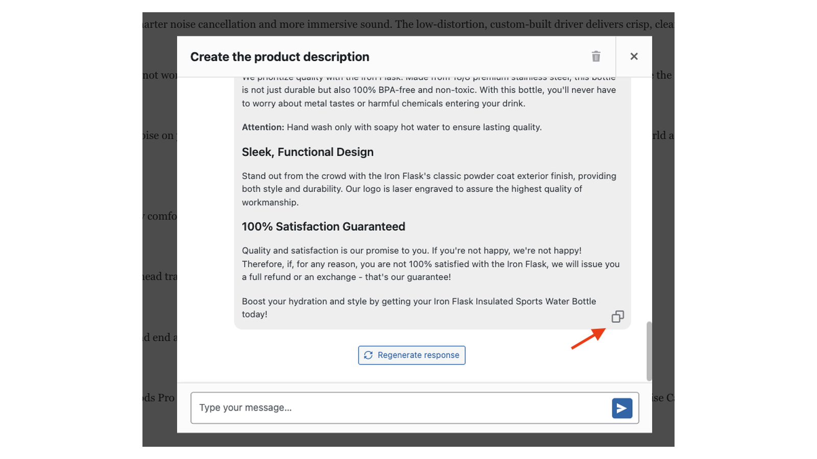 Kestrel AI: overview (product edit screen with the assistant panel open on Product description)