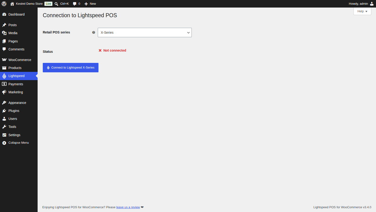 Lightspeed Pos: Connect to Lightspeed (page title, the series select, Status row and the Connect button)