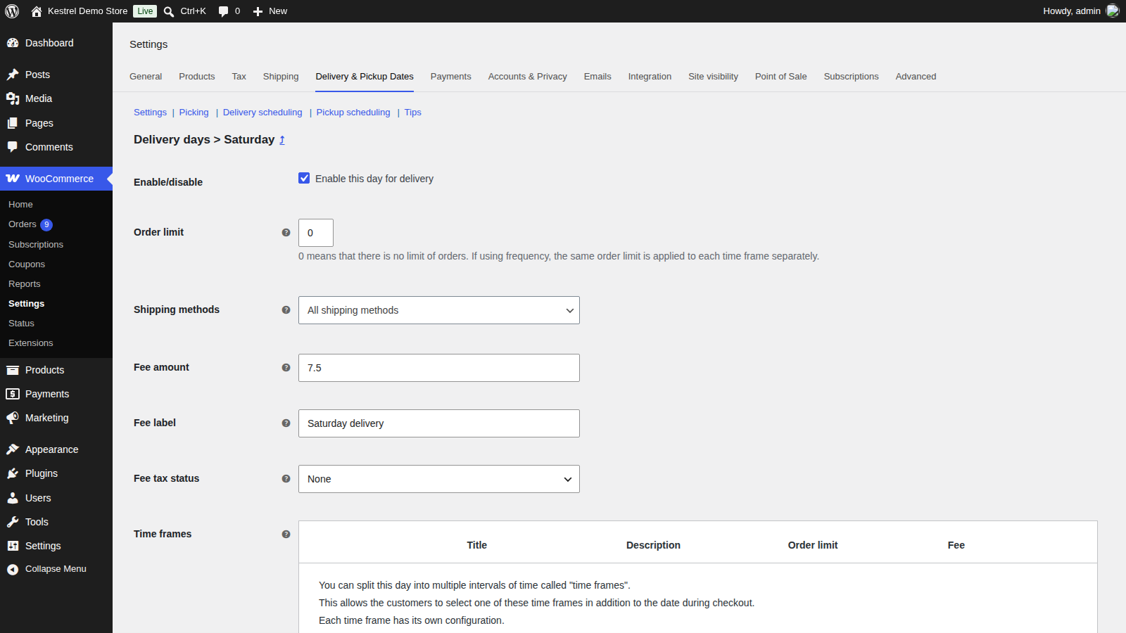 Order Delivery: Day settings