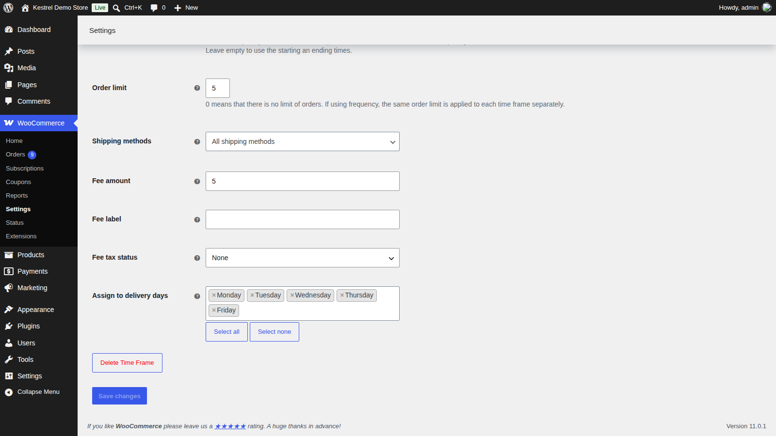 Adding a time frame from Order Delivery's delivery days settings