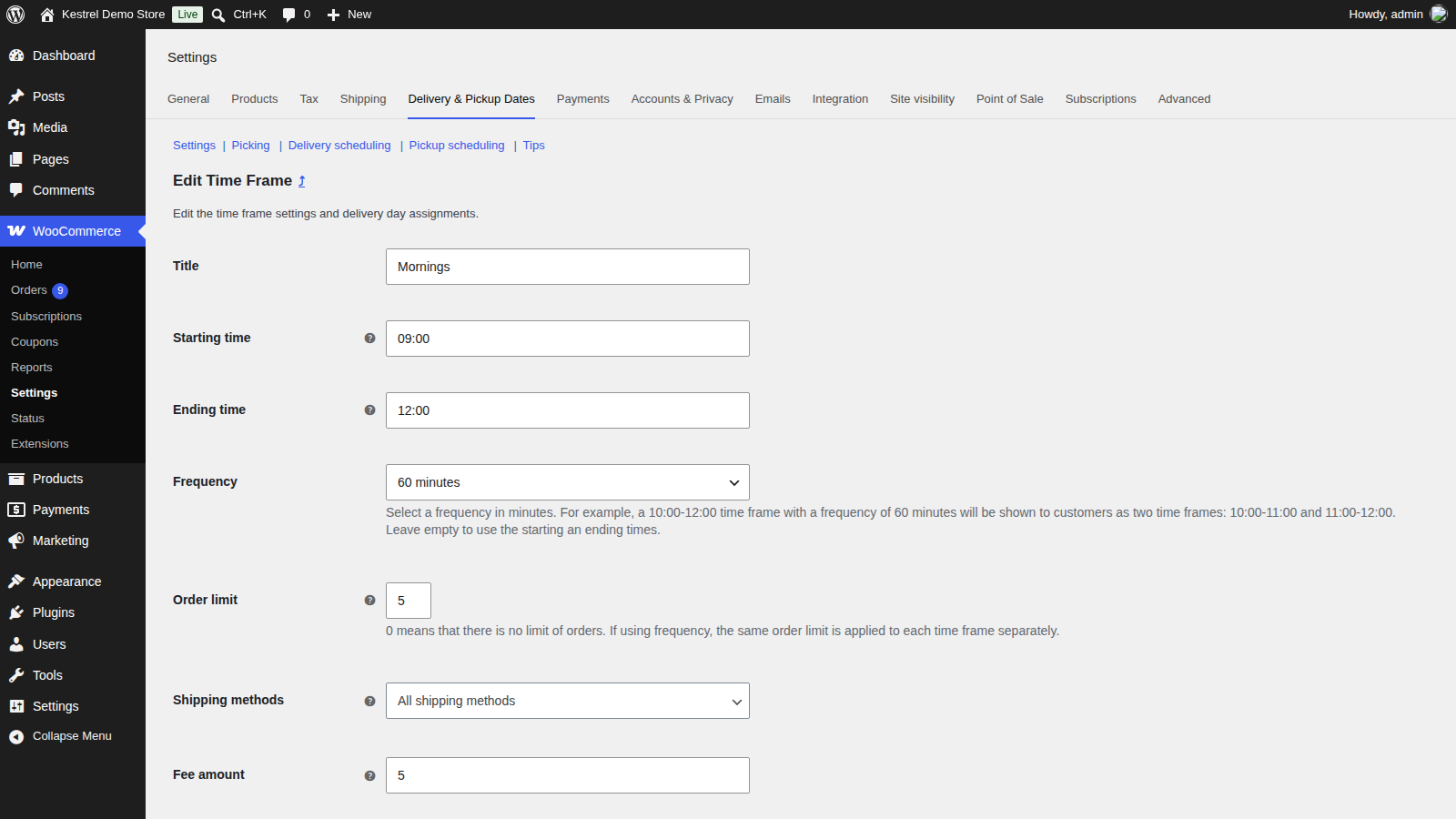 Adding a time frame from Order Delivery's delivery days settings