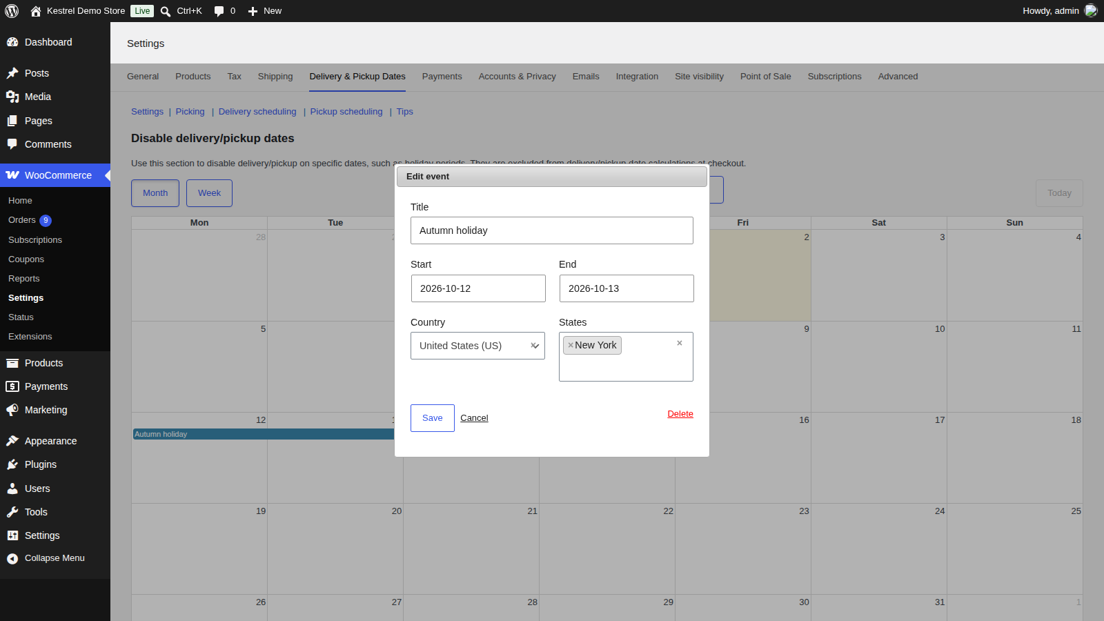 Order Delivery: Block holidays and closures (disable specific dates in Delivery scheduling (Disable delivery/pickup dates calendar), event modal open)