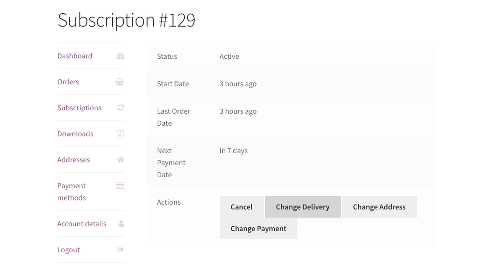 Order Delivery: Customers change delivery preferences (my Account » Subscriptions › view a subscription)