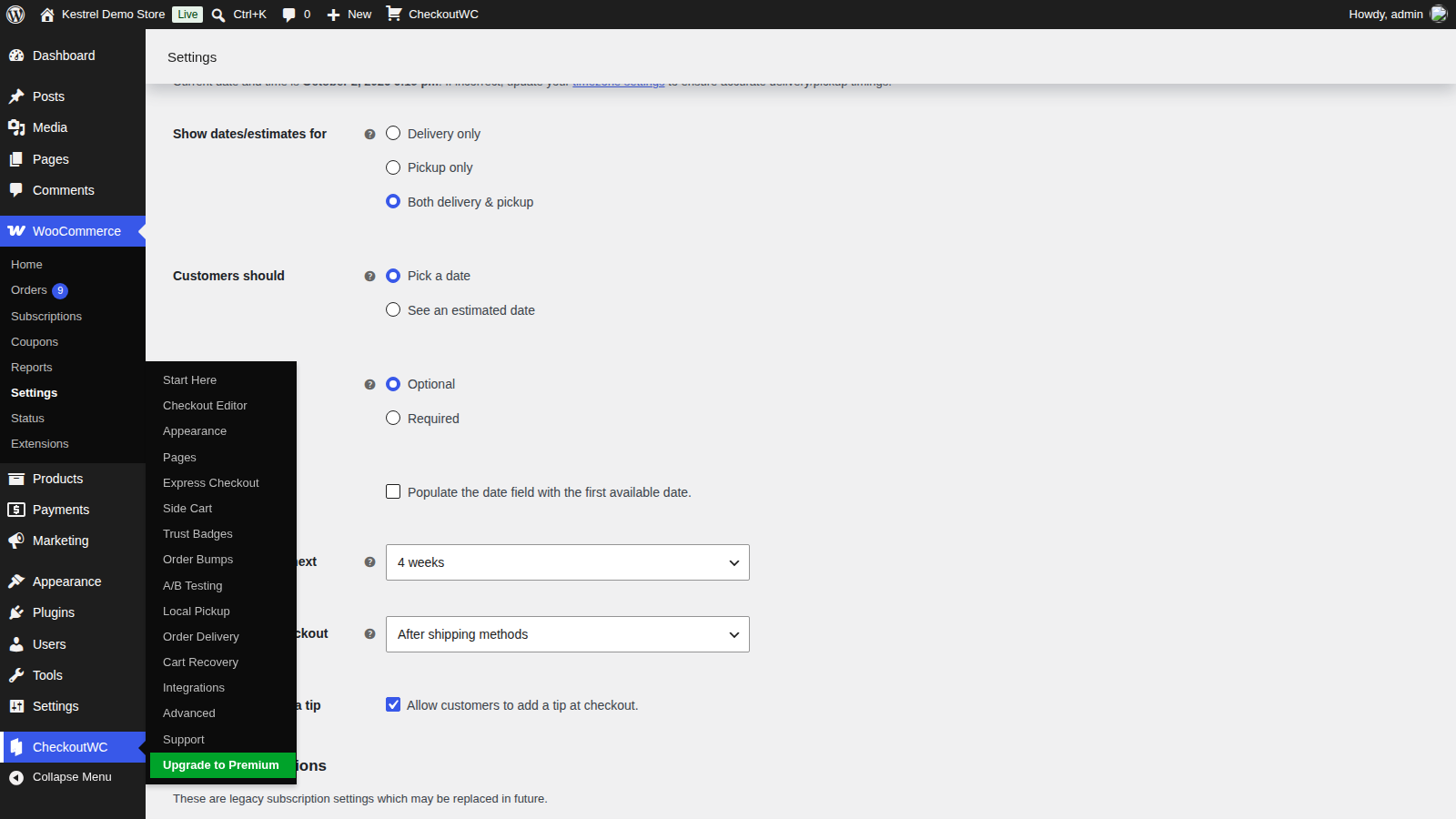 Order Delivery's CheckoutWC settings, showing the date position options