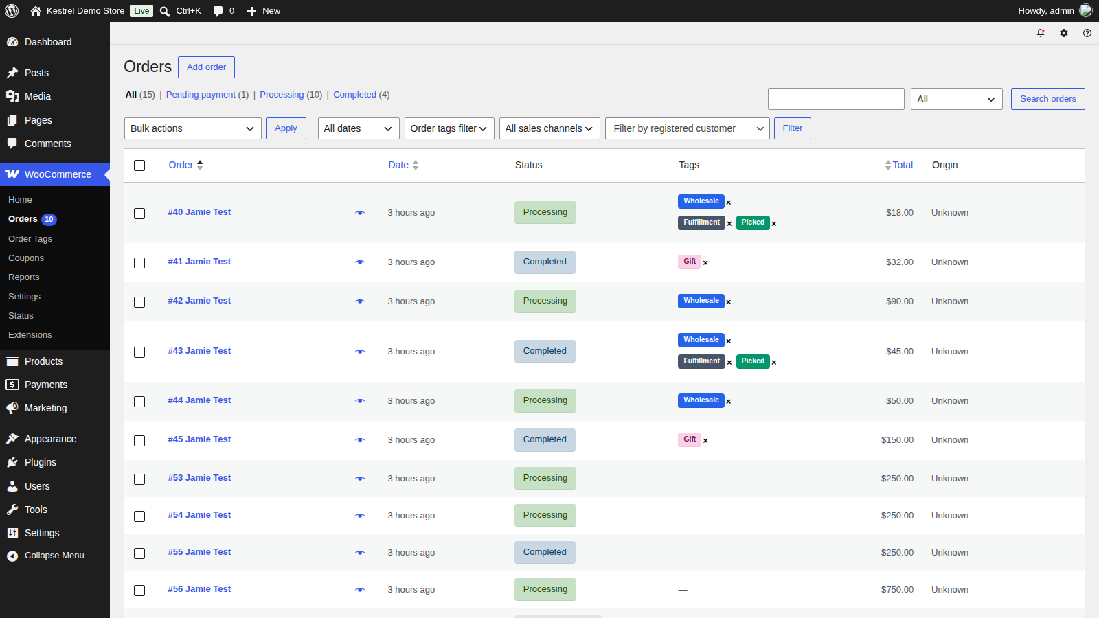 Order Tags: overview (orders table with the Tags column, 5 or 6 rows)