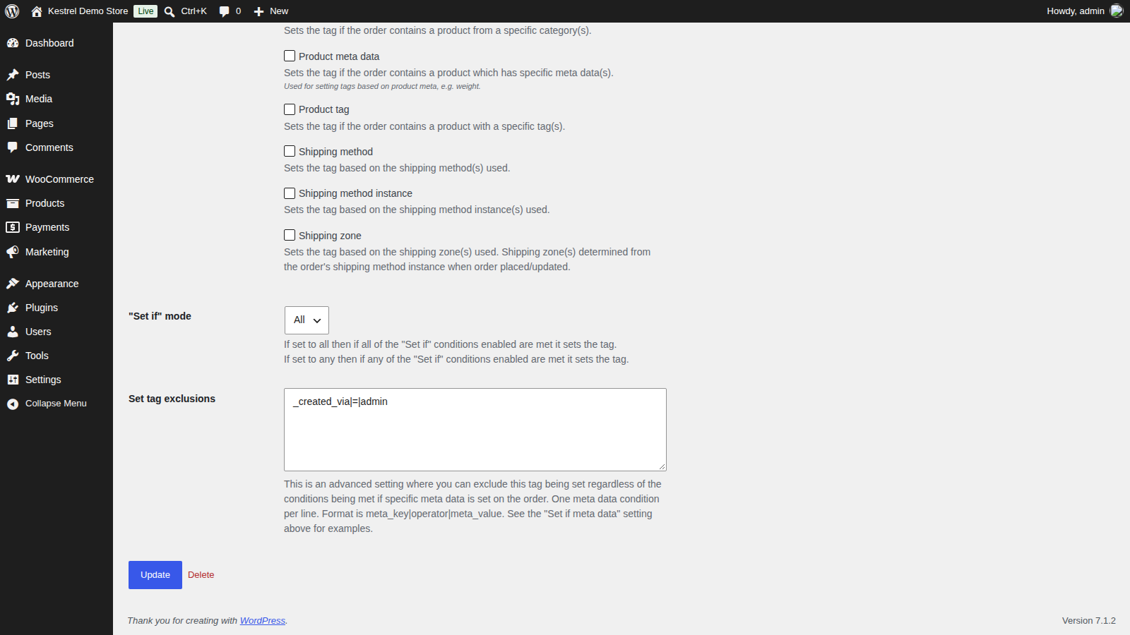 Order Tags rules page, with the Set if conditions and tag exclusions