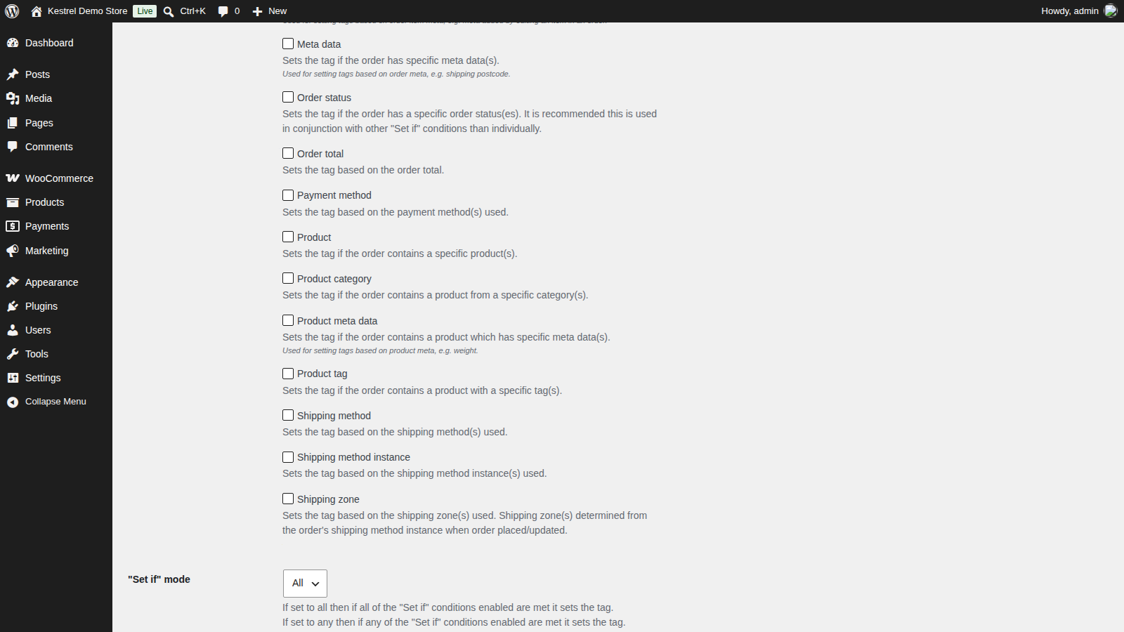 Order Tags rules page, with the Set if conditions and tag exclusions