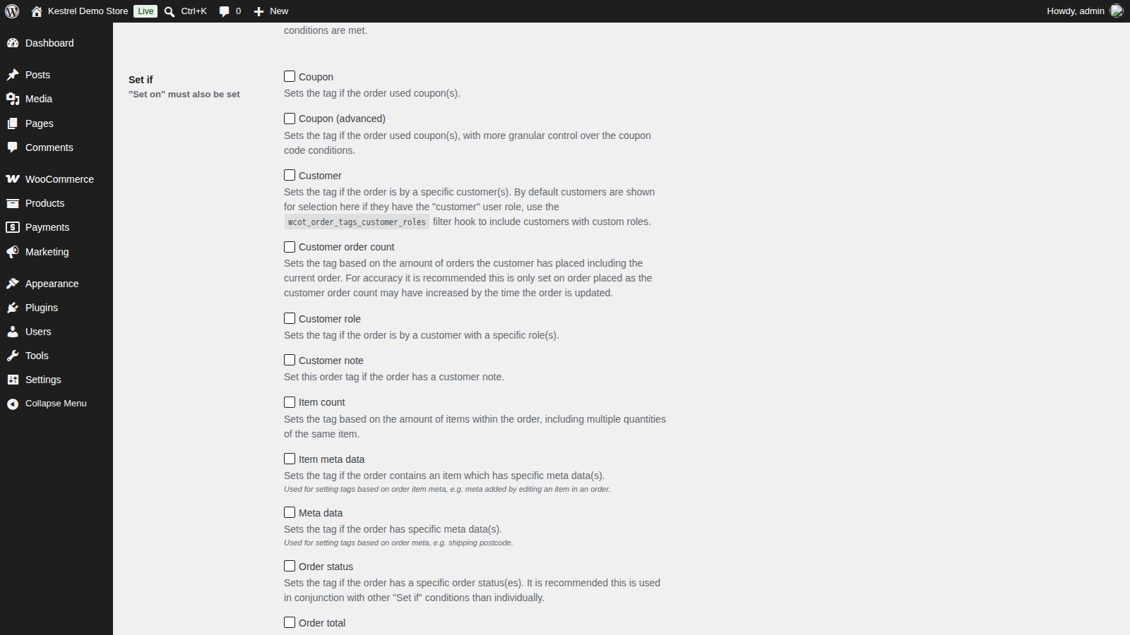 Order Tags rules page, with the Set if conditions and tag exclusions