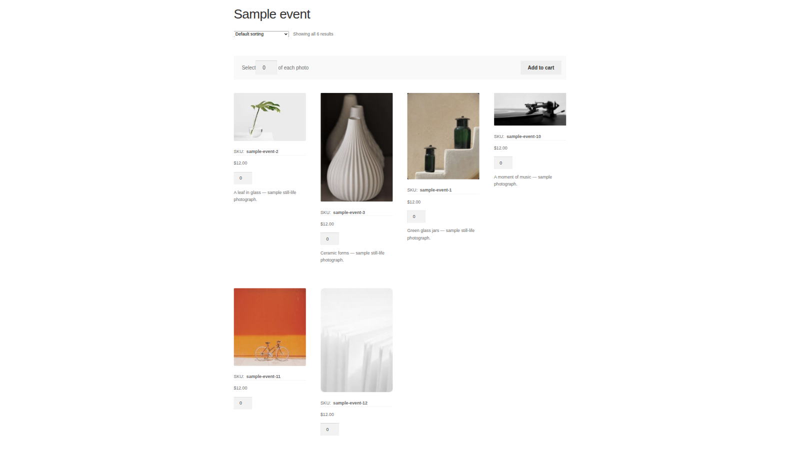 Photography: overview (the page title, the "Select … of each photo" row and the first two rows of photos)