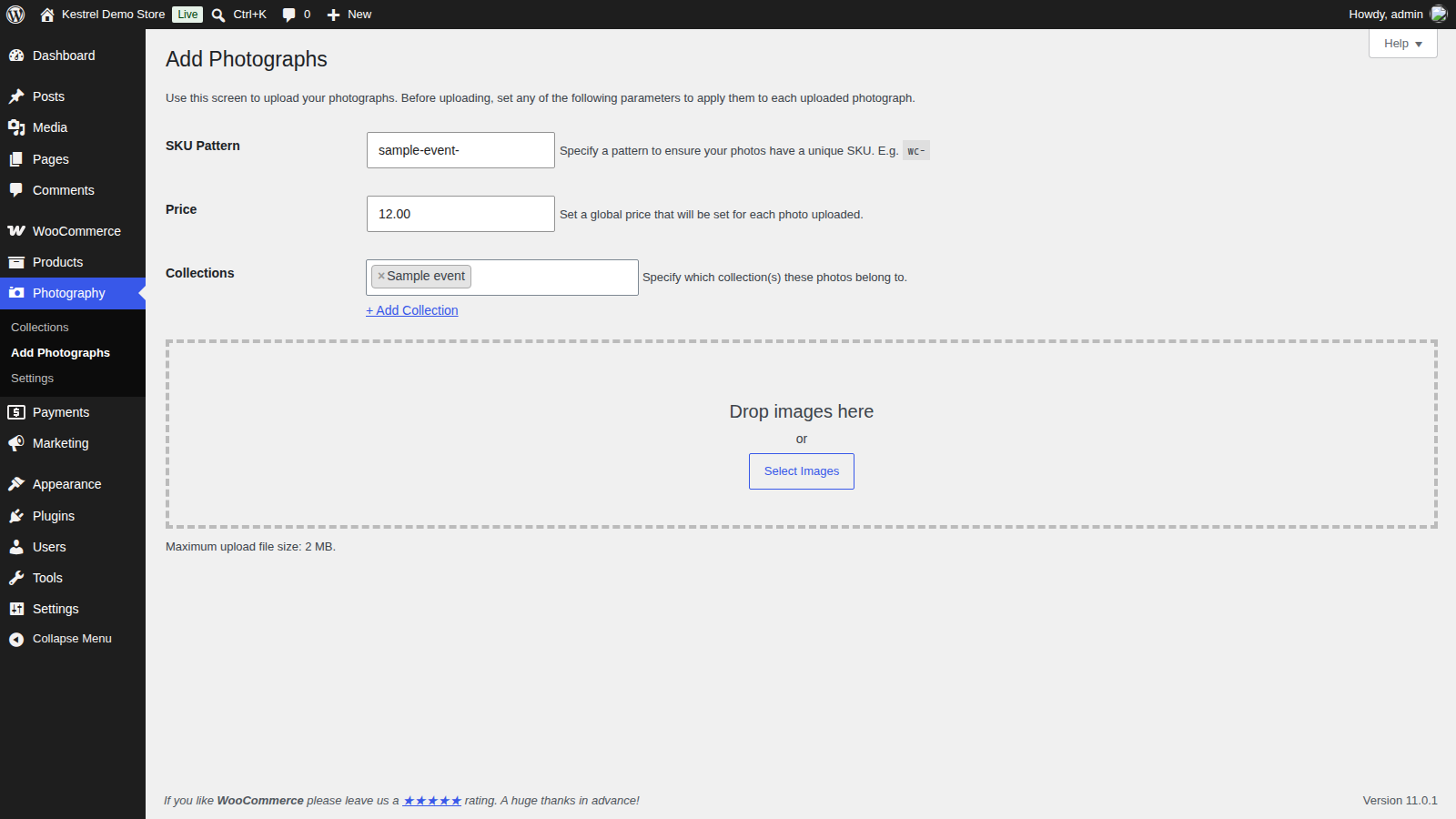 Photography: Upload your photos (the form table and the drop area, including "Maximum upload file size")