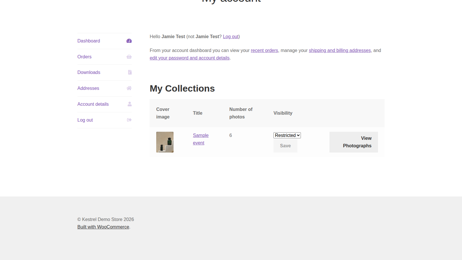 Photography: In their account (storefront My account dashboard as the test customer)