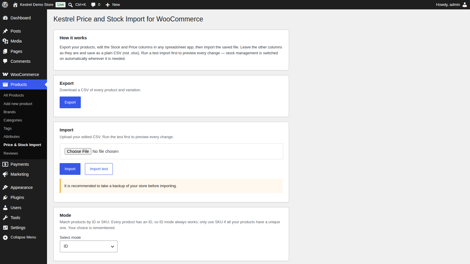 Price and Stock Import: Update prices and stock (intro) (the page title and all four cards (How it works, Export, Import, Mode))