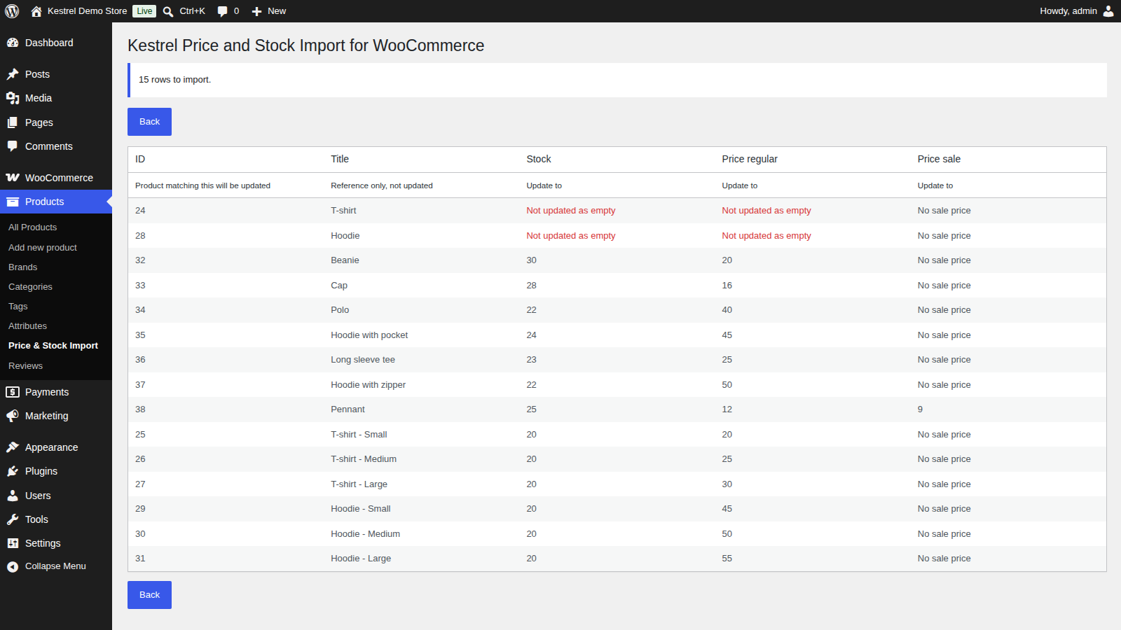 Price and Stock Import test results, showing rows to import and their status