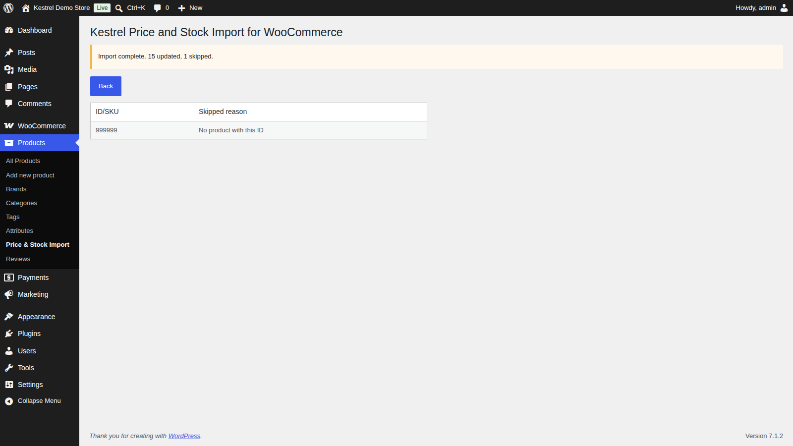 Price and Stock Import: Check the results (the "Import complete." notice and the skipped rows table showing "No product with this ID")