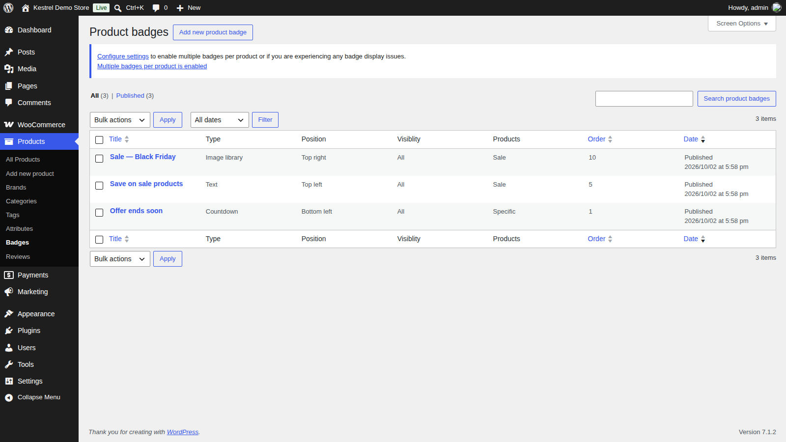 Product Badges: Add a badge (the list table with its Type, Position, Visibility, Products and Order columns and the Add new product badge button)