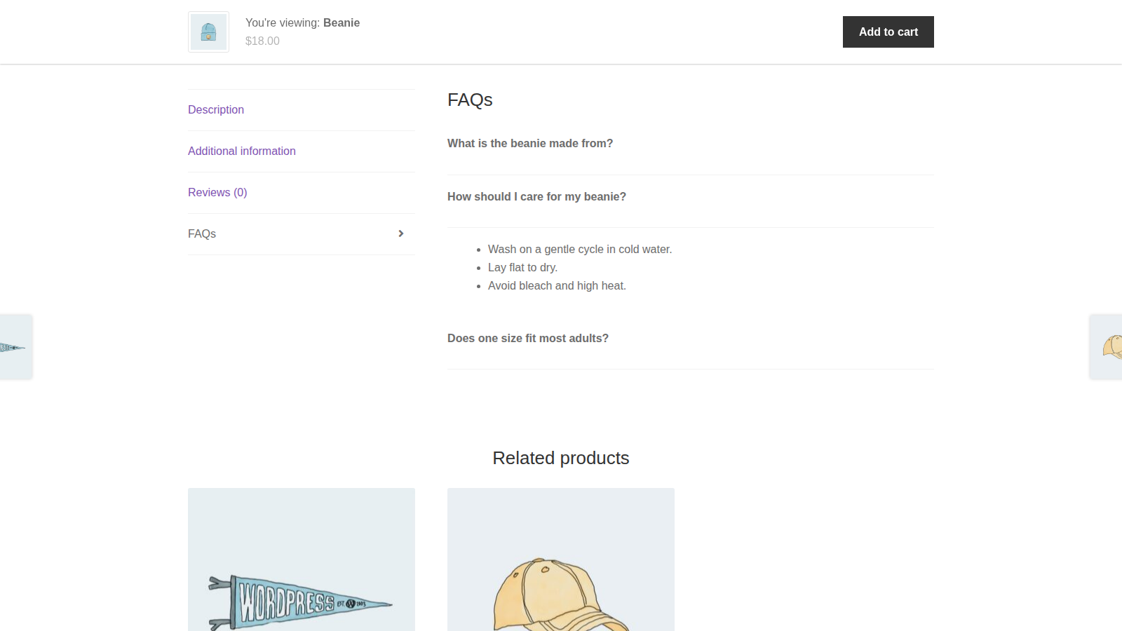Product FAQs: overview (storefront single product page, FAQs tab selected)