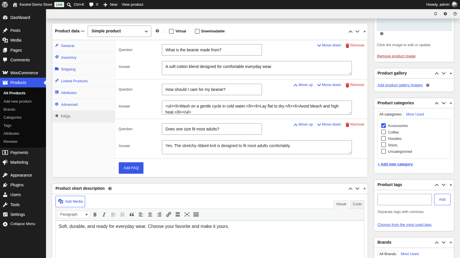 Product FAQs: Open the FAQs tab (the Product data box, showing the FAQ rows with Remove / Move down / Move up and the Add FAQ button)
