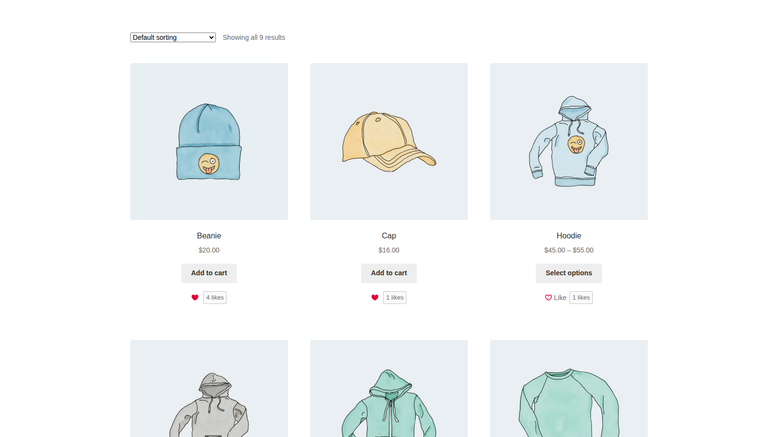 Product Likes: overview (storefront Shop page, logged in as Alex)