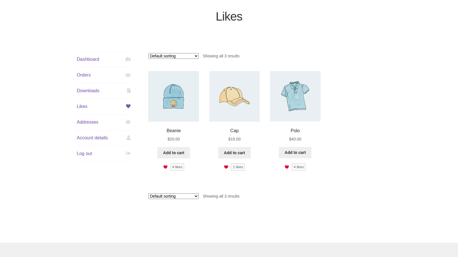 Product Likes: What customers see (account navigation with Likes active and the product grid)