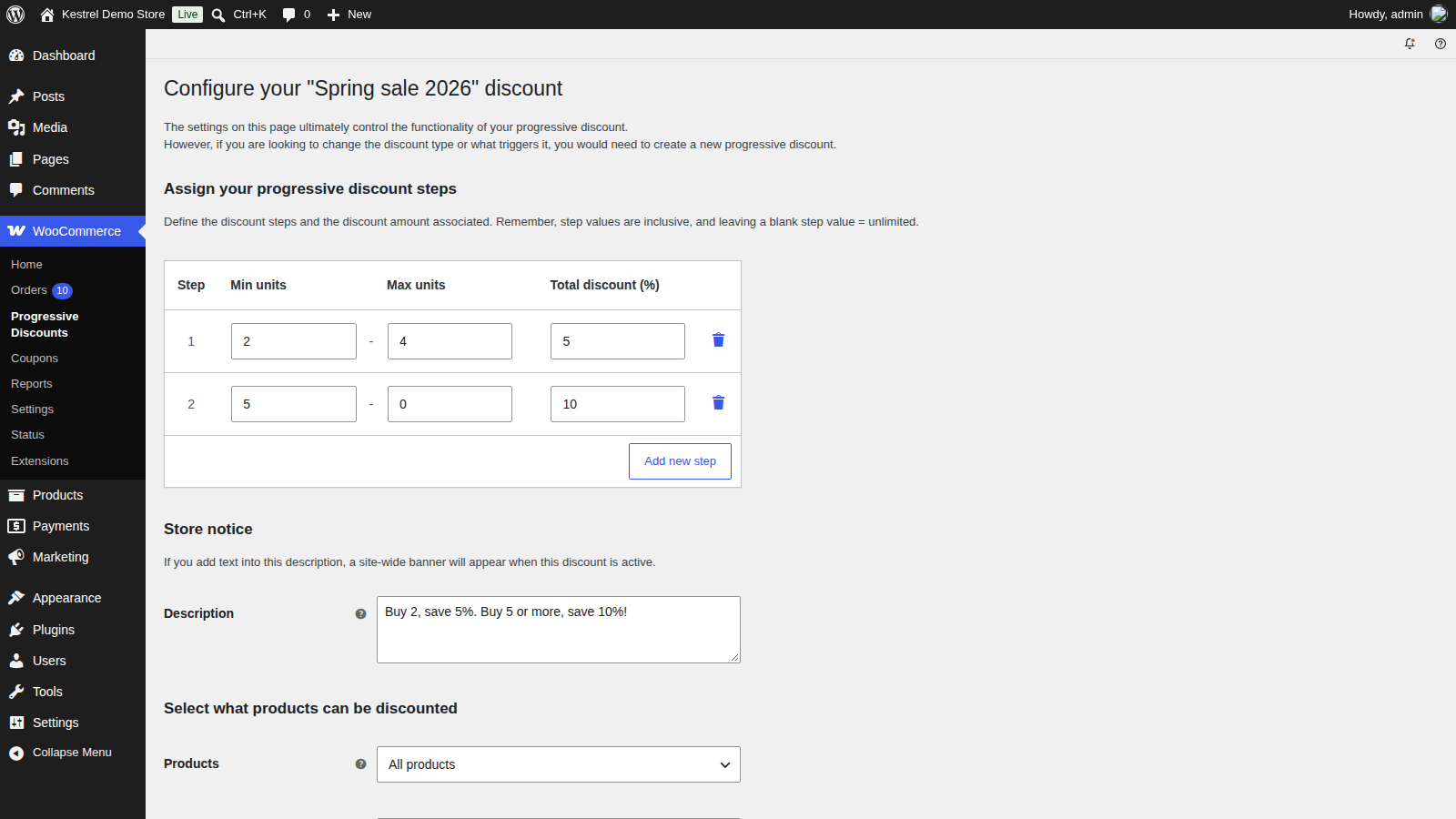 Progressive Discounts: Add the discount steps (the Assign your progressive discount steps table with Add new step)