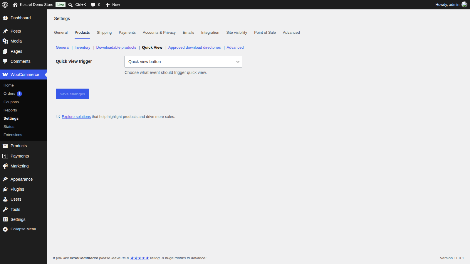 Quick View: Choose what opens the pop-up (the Quick View section with the Quick View trigger select and Save changes)