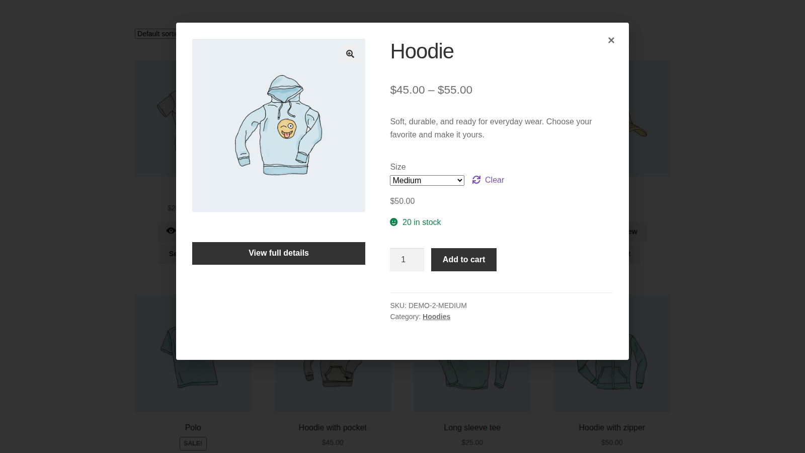 Quick View: What customers see (storefront Shop page with the pop-up open)
