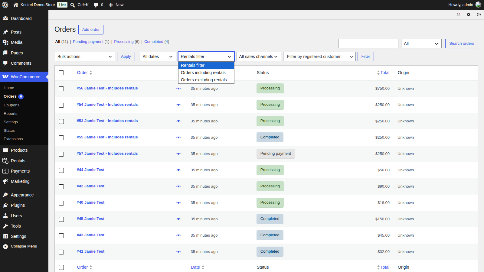 Rental Products: Manage rental orders » Rental orders in WooCommerce (list header and first rows)