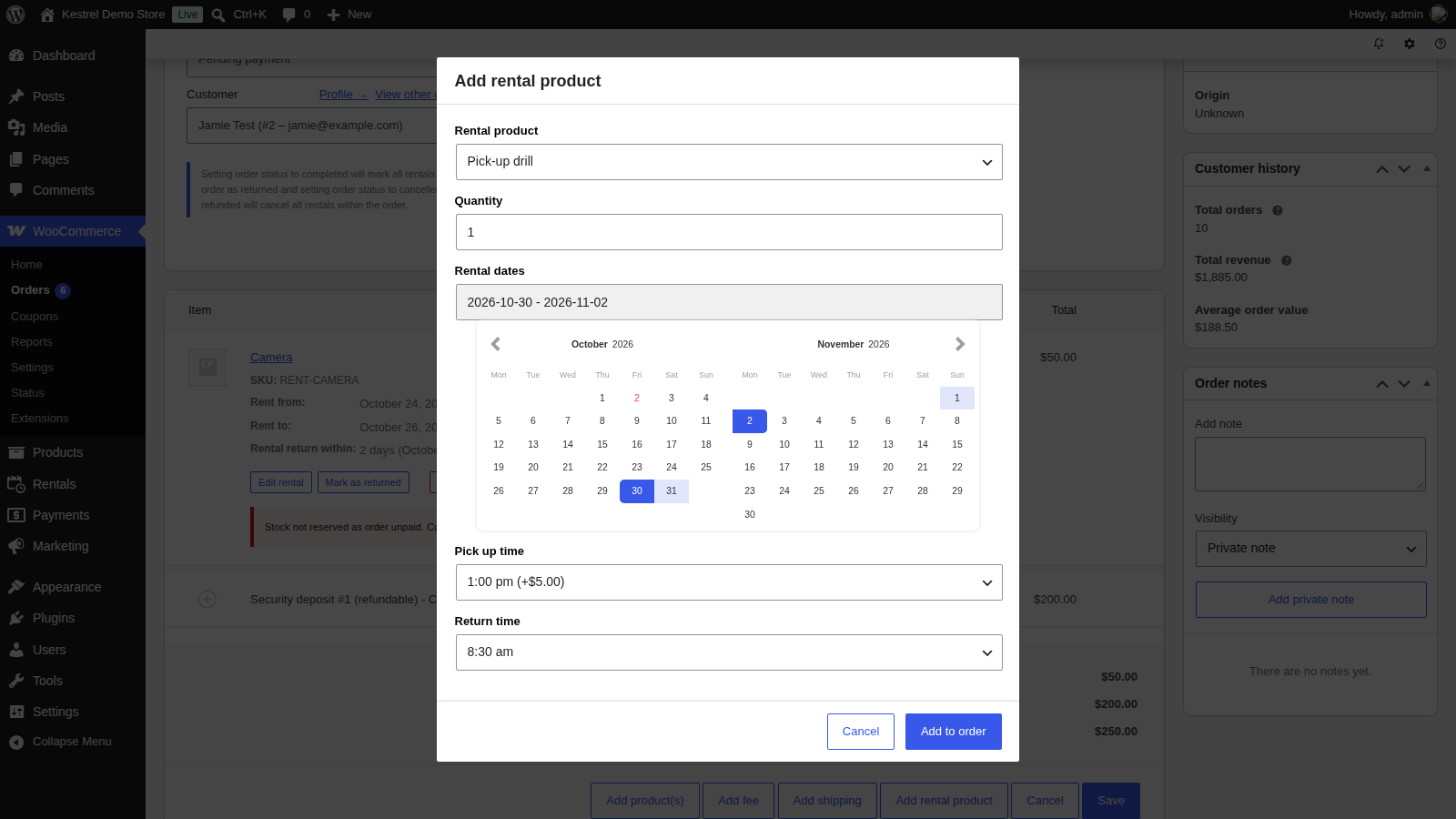 Rental Products: Manage rental orders » Add a rental to an order (order edit, Add rental product dialog)