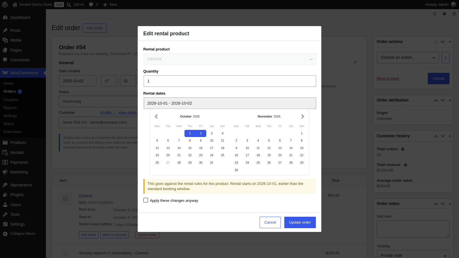 Rental Products: Manage rental orders » Book outside the product's rules (edit rental product dialog)