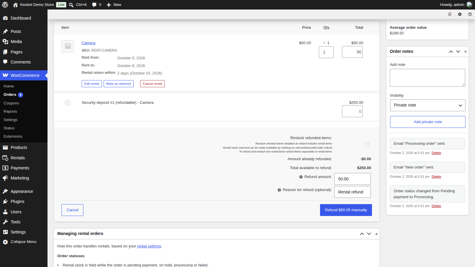 Refunding a rental order and its deposit on the order edit screen