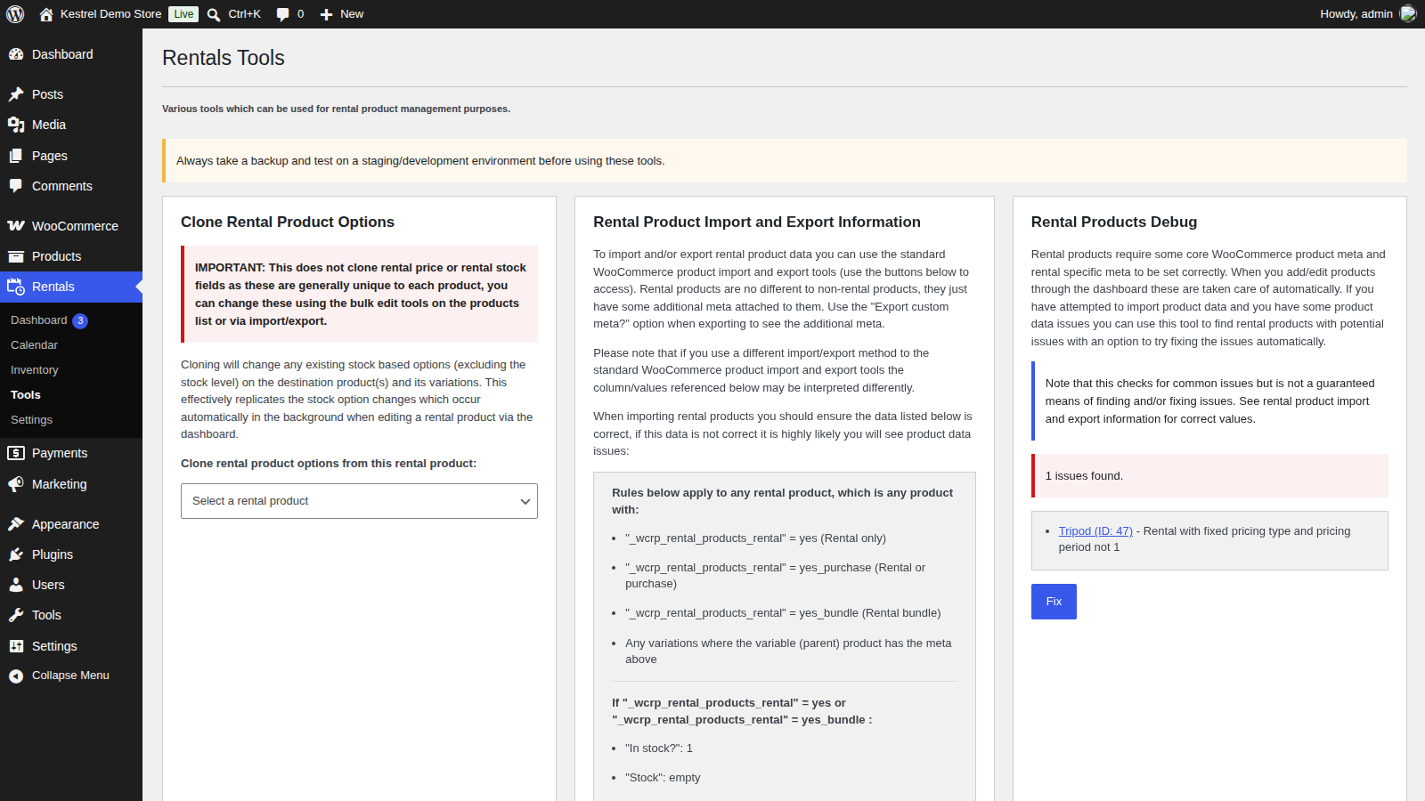Rental Products: Rentals dashboard » Run debug (results with the Fix button)