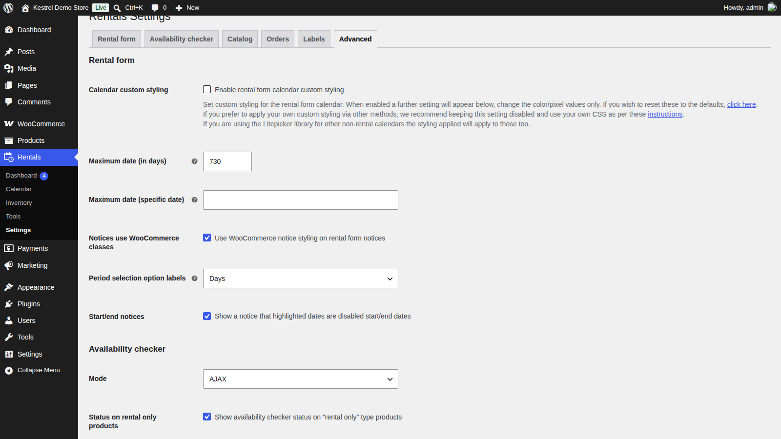 The Advanced tab of Rentals » Settings