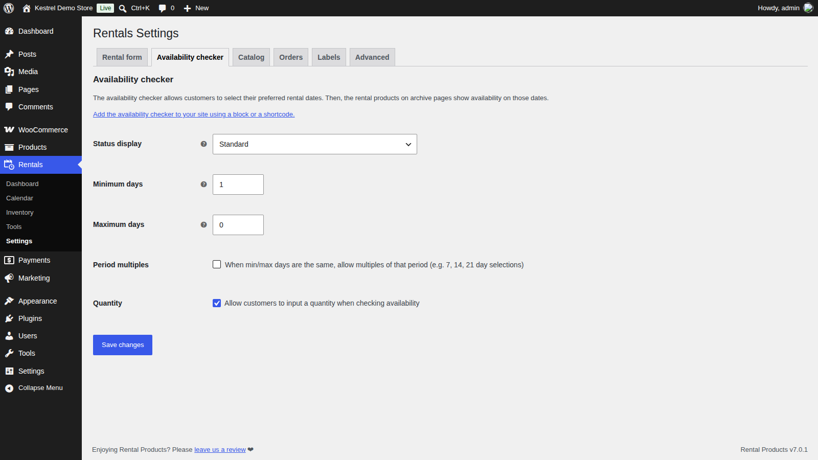 The Availability checker tab of Rentals » Settings