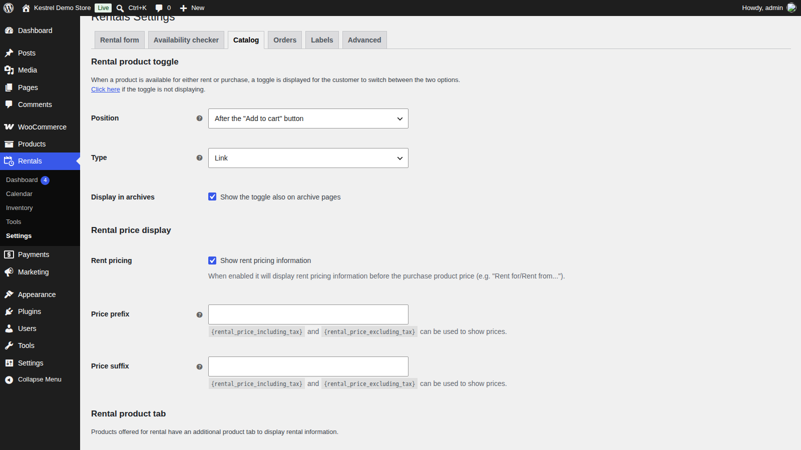 The Catalog tab of Rentals » Settings
