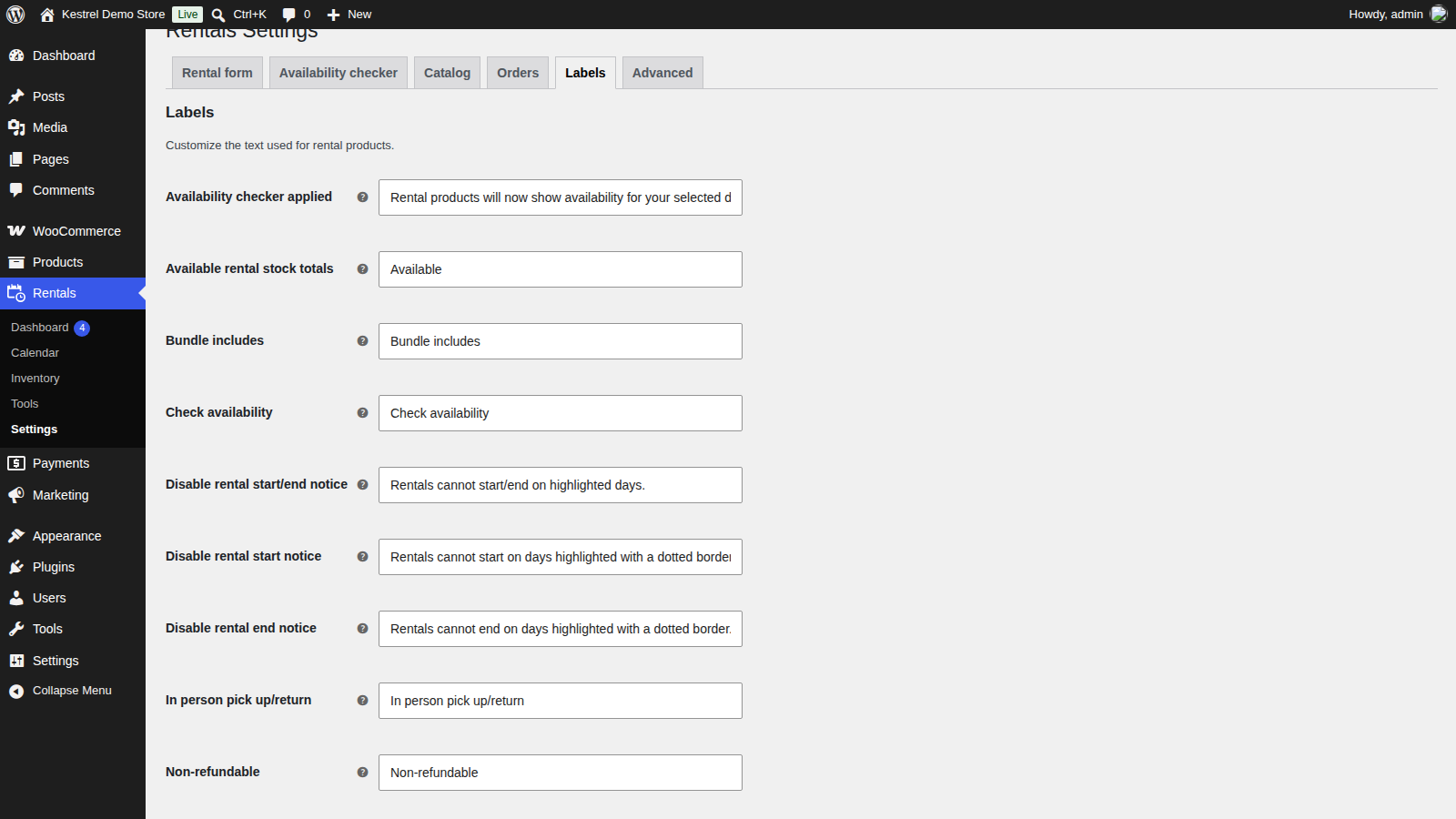 The Labels tab of Rentals » Settings