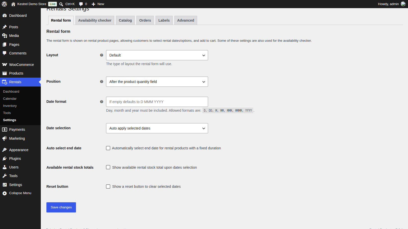 The Rental form tab of Rentals » Settings