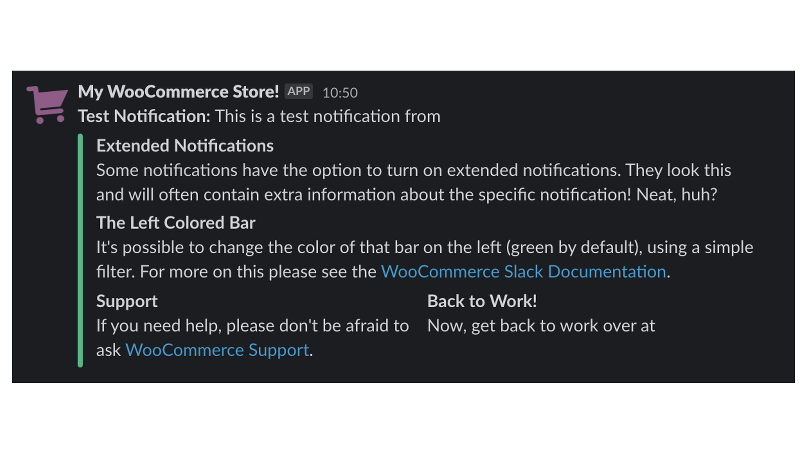 Slack: overview (the message and its details block)