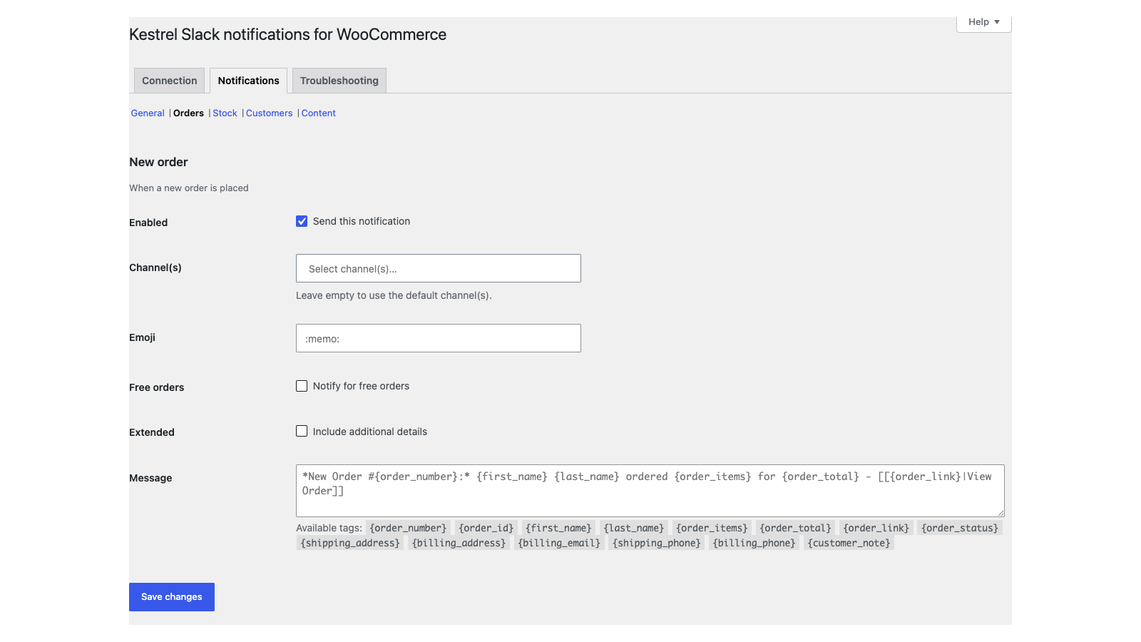 Slack: Turn on the events you want (sub-navigation plus the New order block)