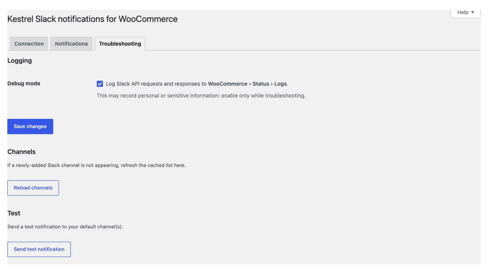 Slack: Troubleshooting tab (logging, Channels and Test sections)
