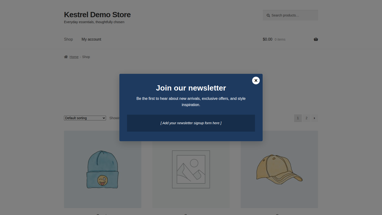 Splash Popup: overview (storefront Shop page)