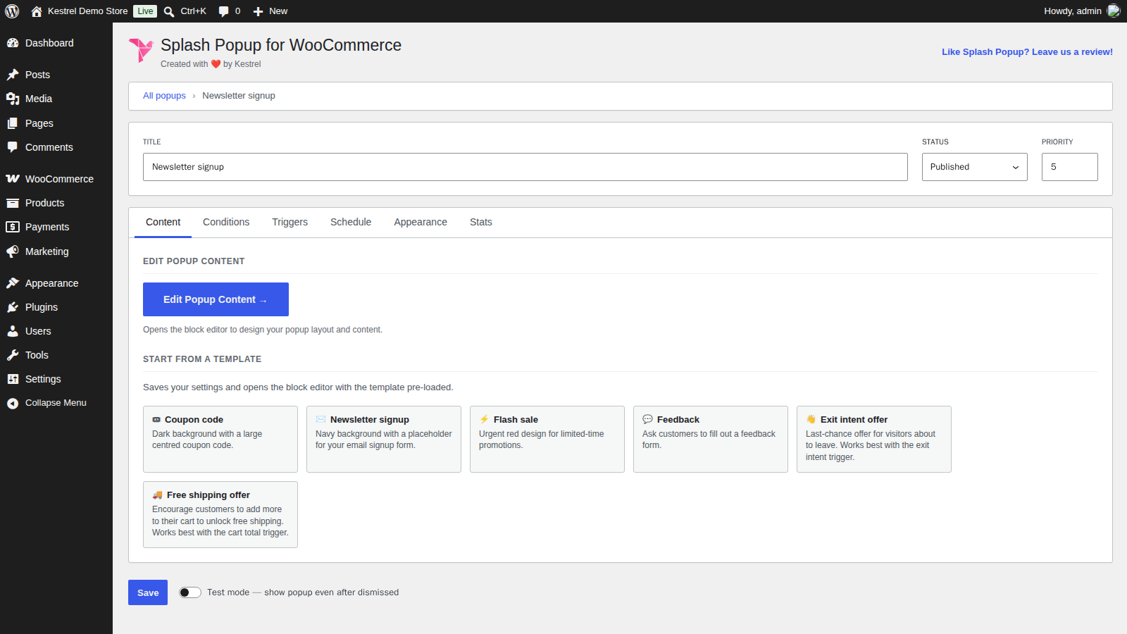 Splash Popup: Add the content (header card (Title, Status, Priority), tab bar and the template grid)
