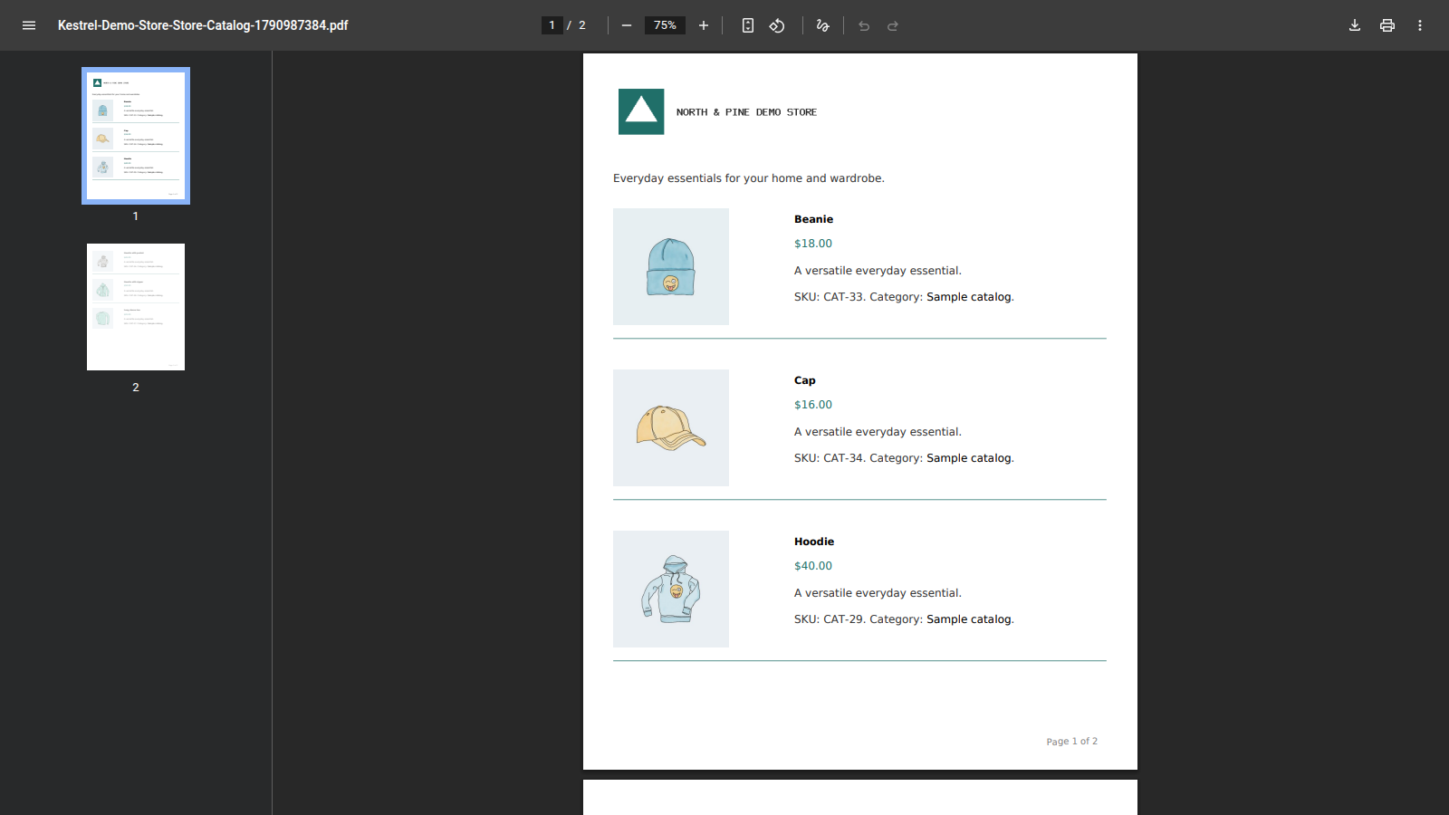 Store Catalog PDF Download: overview (a generated List PDF open in the browser's PDF viewer)