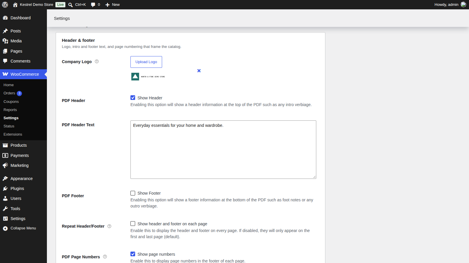 Store Catalog PDF Download: Open the settings (the Header & footer and Layout cards)