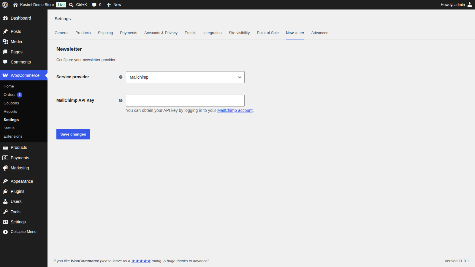 Subscribe to Newsletter: Connect your provider (service provider and the MailChimp API Key field (empty))