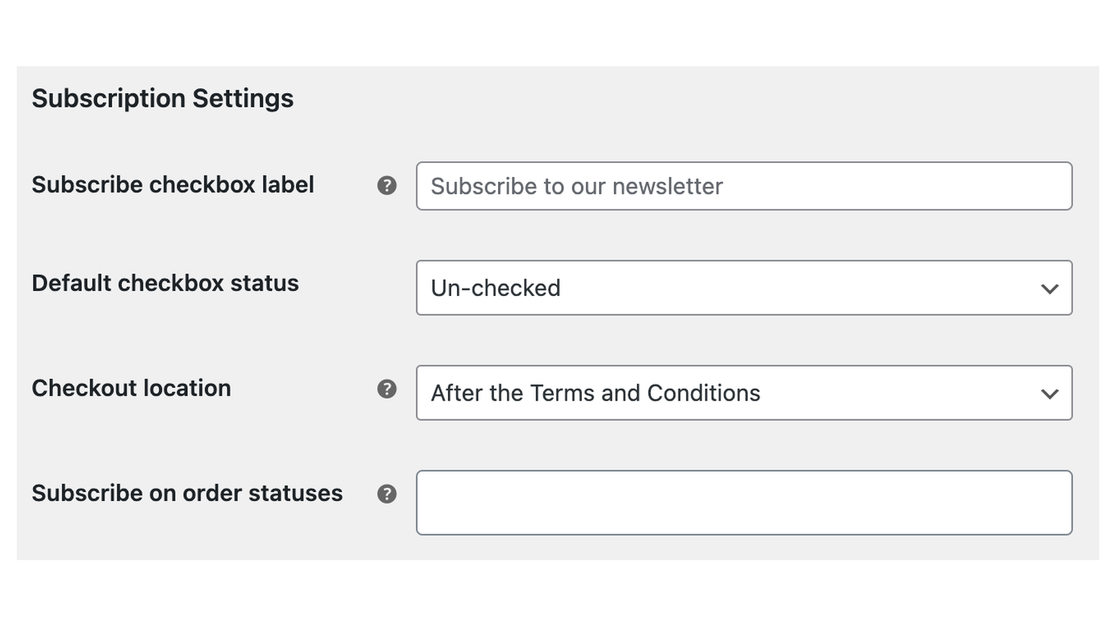 Subscribe to Newsletter: Subscription settings (from the MailChimp List field (with Refresh) down to Manage subscription)